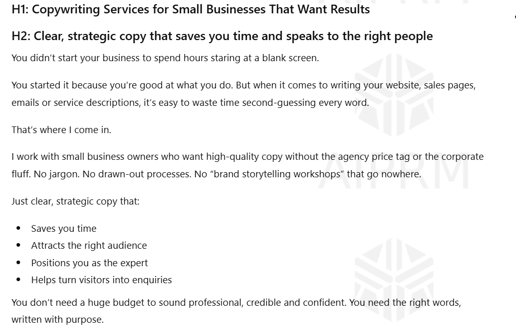 screenshot of chatgpt hannah oneill copywriting services