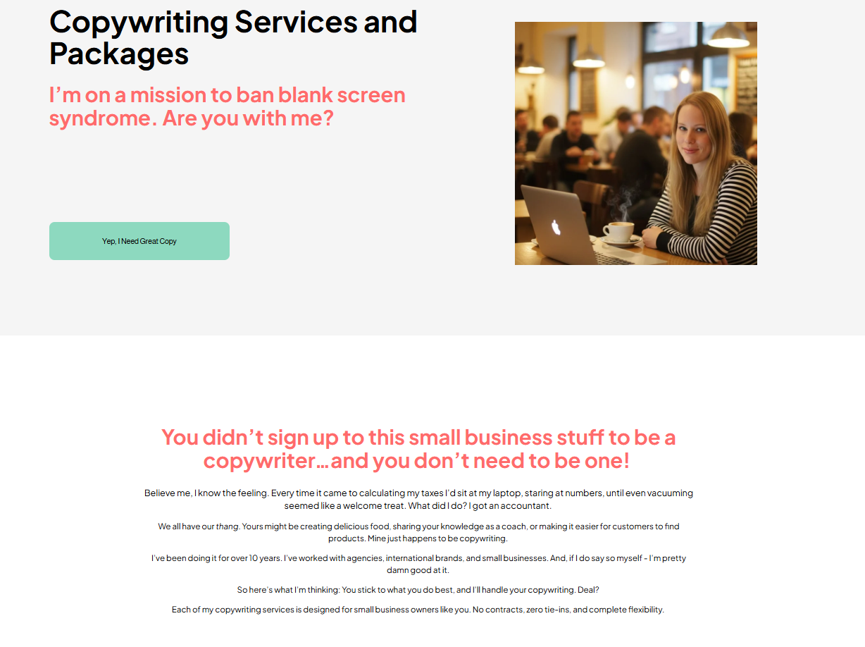 screenshot of hannah oneill copywriting services page