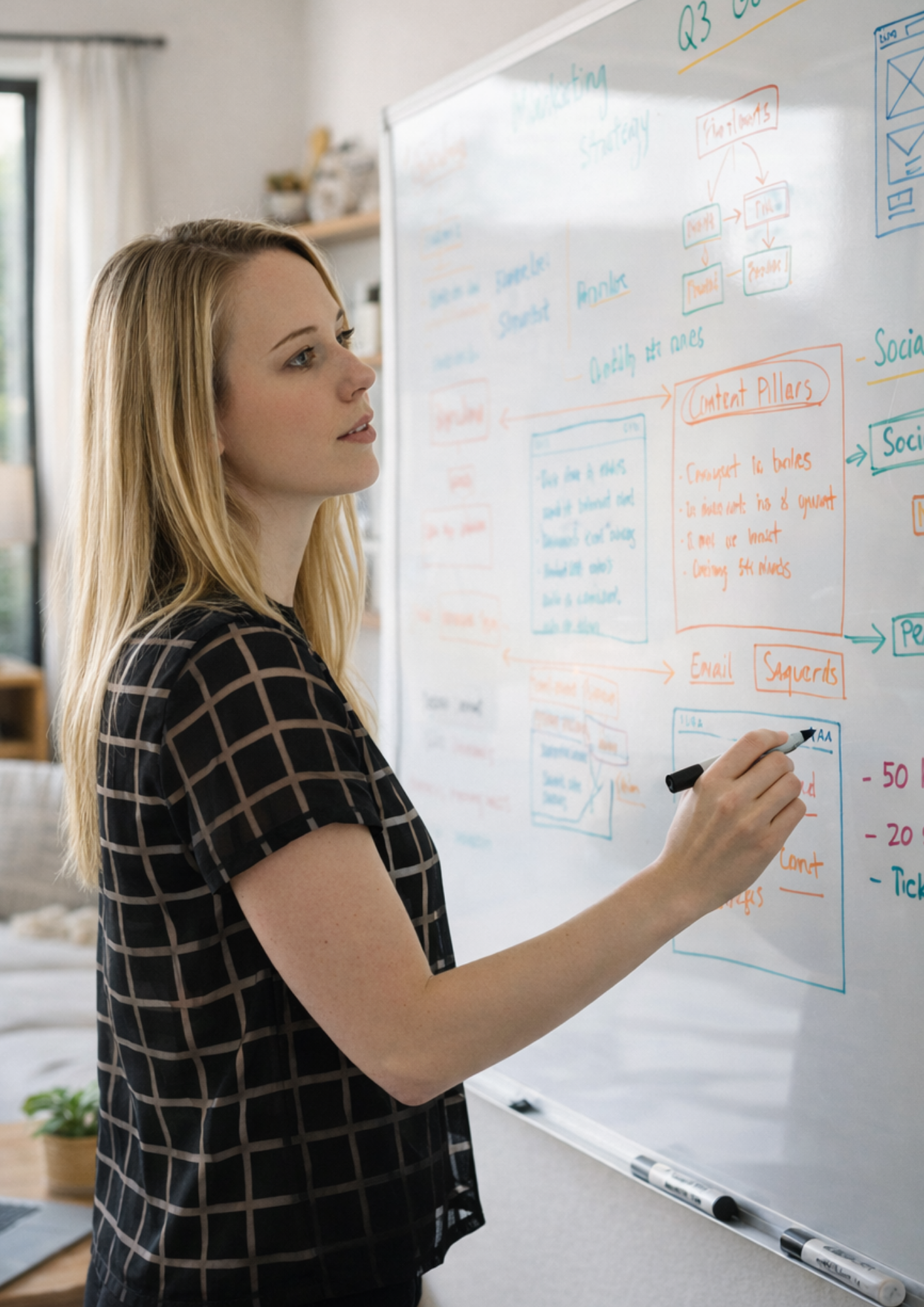 hannah oneill creating a marketing strategy on a whiteboard