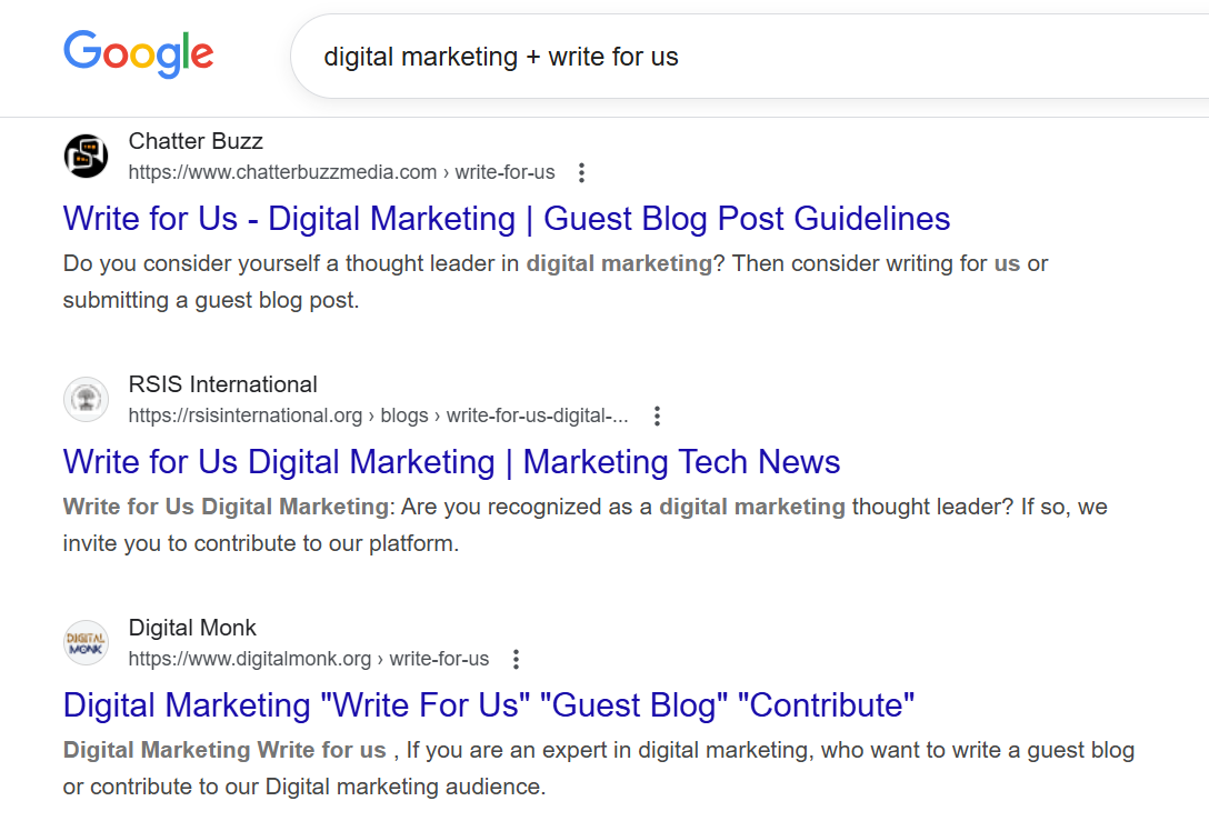 screenshot of how to build backlinks finding guest posts on google search