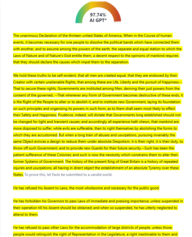 ZeroGPT flagging the declaration of independence