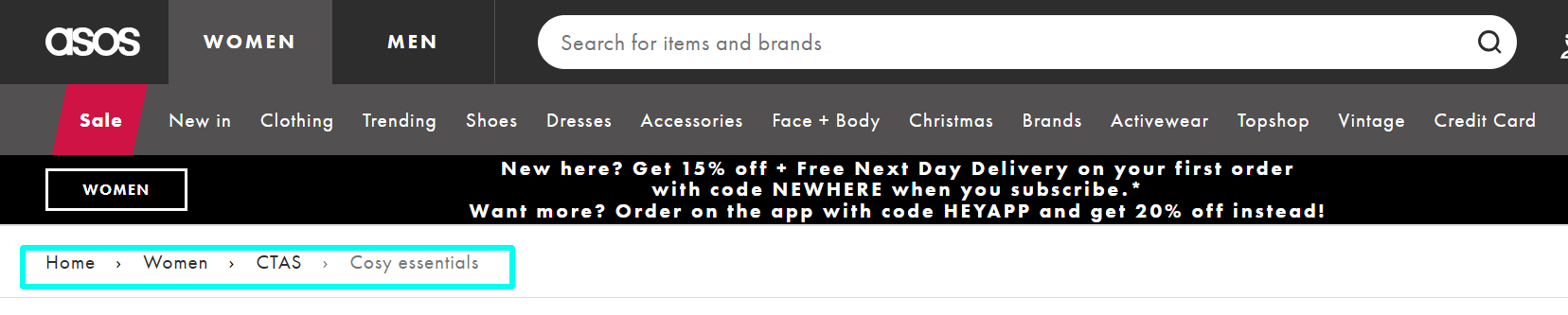 Asos product category showing breadcrumbs