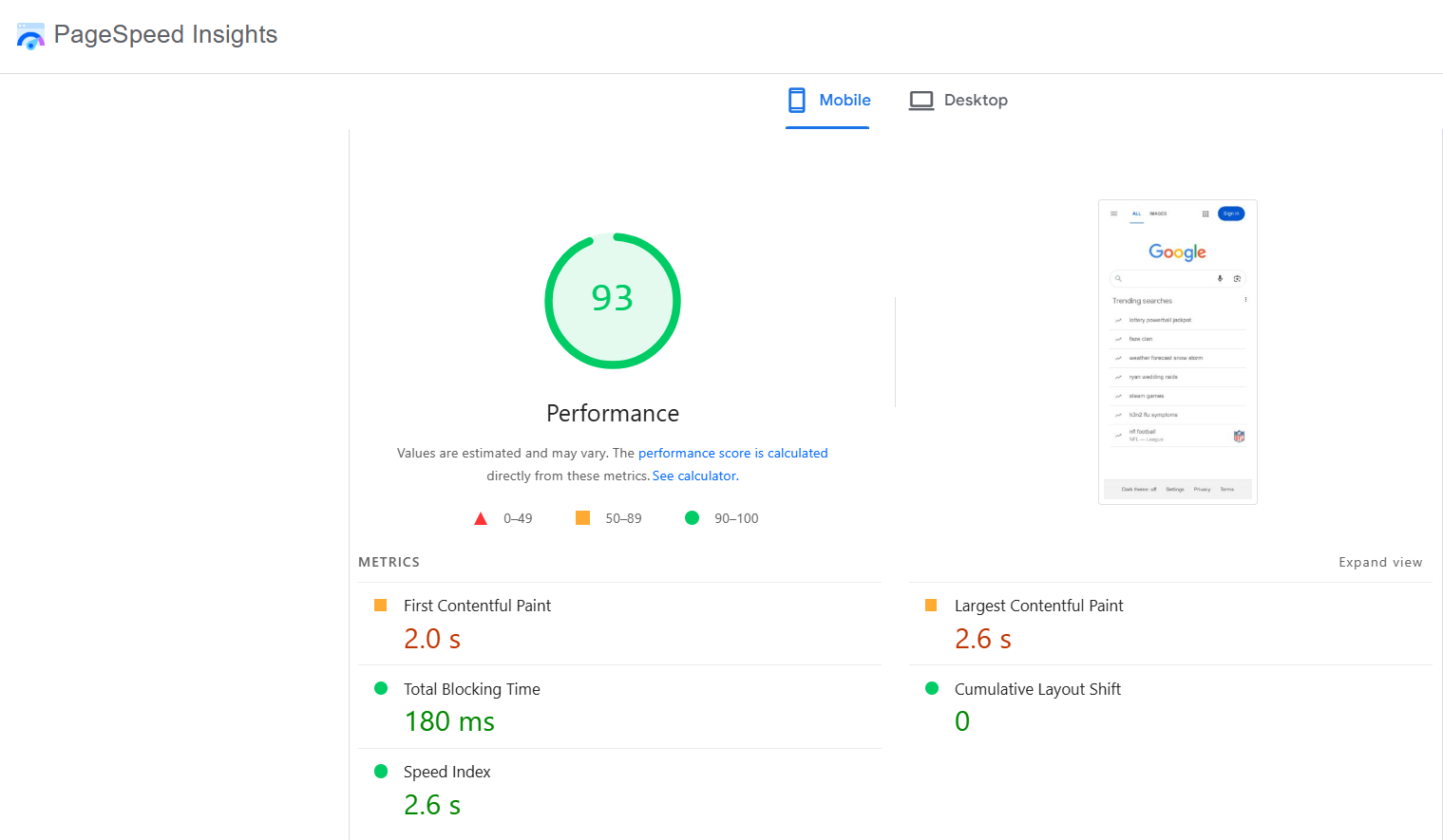 screenshot of Google PageSpeed Insights