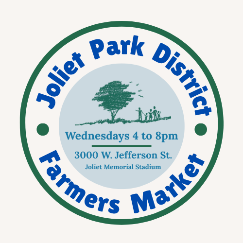 Joliet Park District Farmers Market logo that states Wednesdays 4 to 8pm and the address of 3000 W. Jefferson St. Joliet, IL