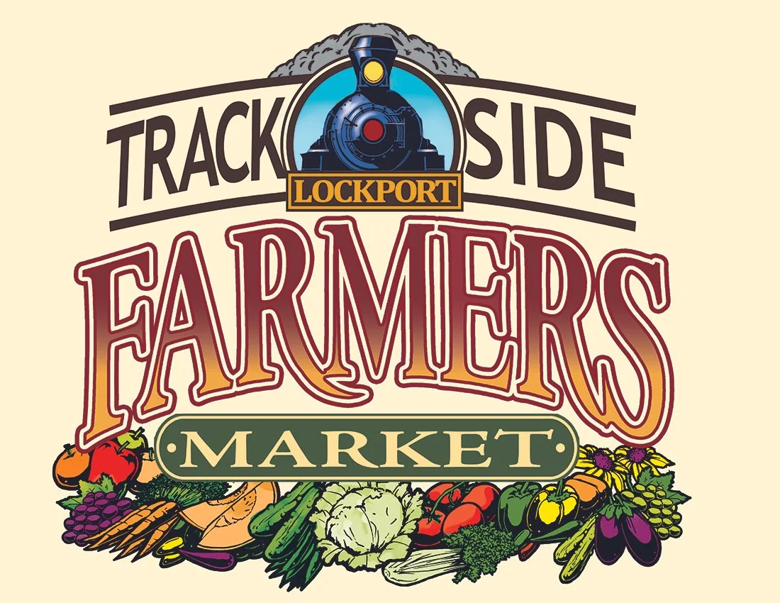 Produce graphic with steam engine stating Trackside Farmers Market (Lockport)