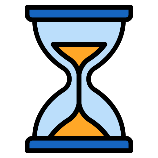 Icon of an hourglass with orange sand in the top and bottom chambers and black outlines.