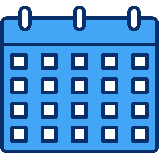 Illustration of a blue calendar with seven days and six weeks.