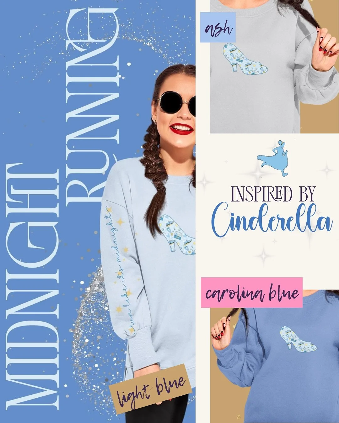 For every princess runner who believes in finish lines, fairy tales, and a little bit of sparkle &mdash; this one&rsquo;s for you. ✨
The Midnight Running crewneck blends comfort with Cinderella charm, perfect for RunDisney weekends (I see you Maratho