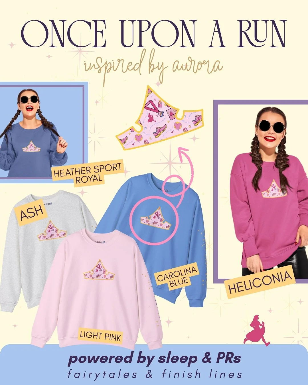 Where my Aurora girlies at? 🙋&zwj;♀️

Our Aurora-inspired &ldquo;Once Upon a Run&rdquo; sweatshirt is here &mdash; designed for runners who are fueled by dreams, determination, and maybe a quick nap or two (or three, who's counting?)

Available in:
