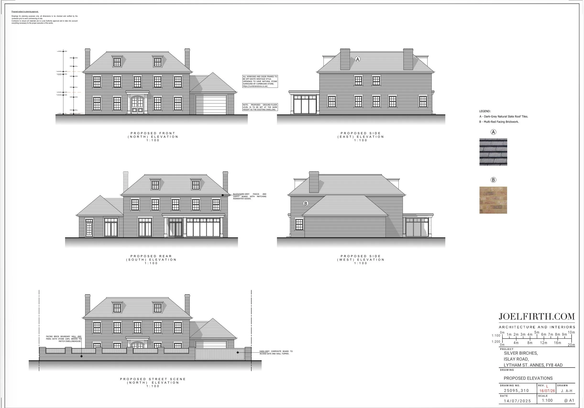 Architectural planning elevations for a traditional Georgian-style luxury home in Lancashire, illustrating classical proportions, symmetrical façades, dormer windows and complementary garage design.