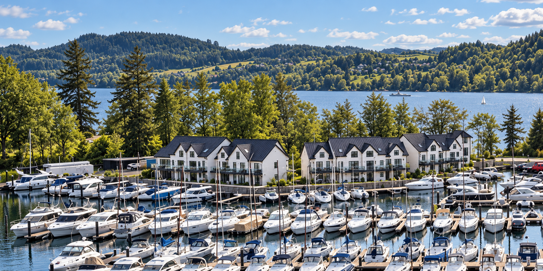 Windermere Marina Village, Phase 2, Lake District, Cumbria — second phase of traditional timber-framed waterfront houses and apartments designed by Joel Firth between 2003 and 2005, featuring private balconies overlooking the marina, Lake Windermere 