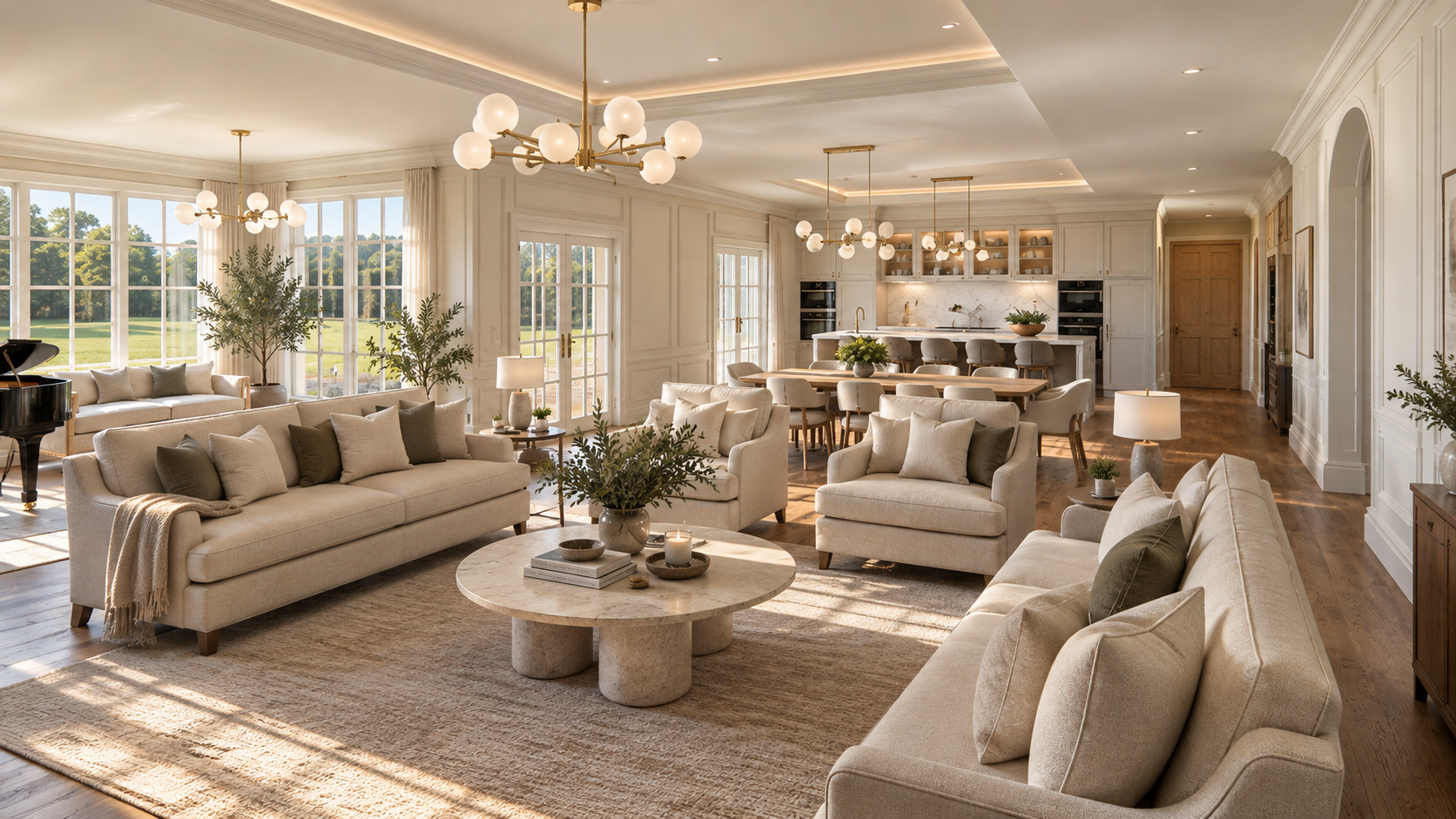Silver Birches, Islay Road, Lytham — luxury open-plan family living room featuring elegant interior design, bespoke furnishings, contemporary lighting and seamless connections to the kitchen, dining area and gardens.