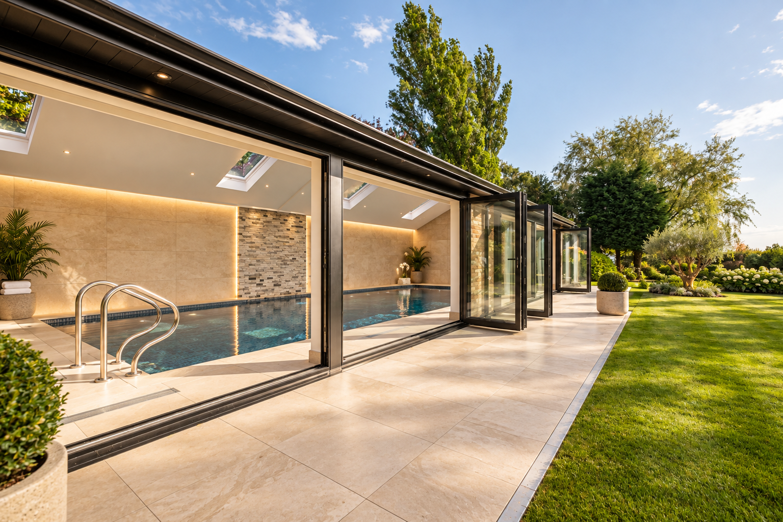 Swimming Pool Pavilion — Contemporary indoor swimming pool building with full-height sliding glazing opening onto the garden terrace.
