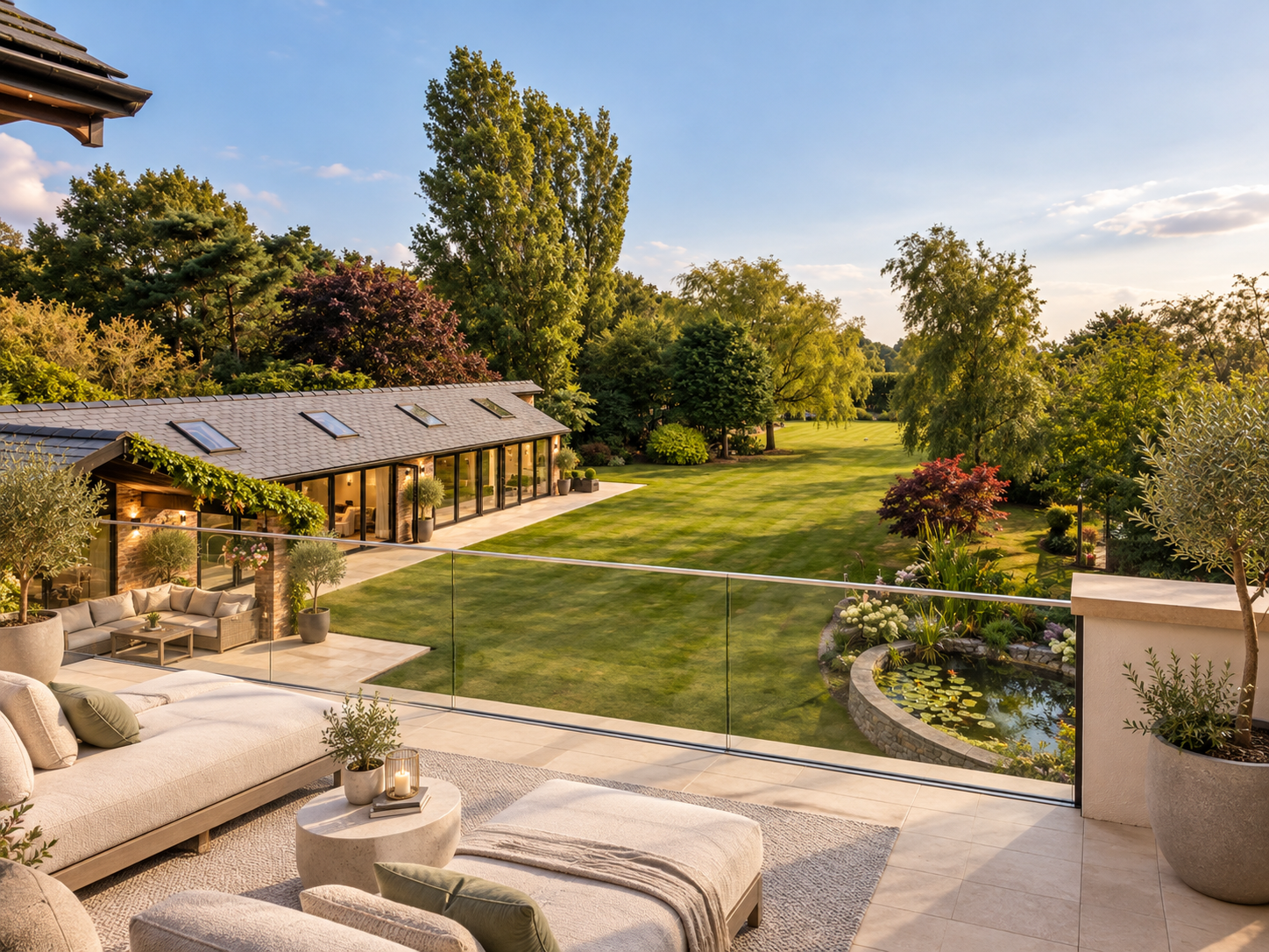 Garden and Leisure Pavilion — Elevated terrace view overlooking the landscaped grounds and purpose-designed leisure accommodation.