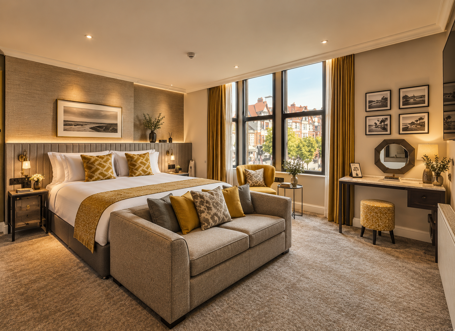 Mode Hotel, Clifton Square, Lytham — Contemporary boutique hotel bedroom featuring elegant furnishings, a comfortable lounge area, bespoke dressing table and large windows overlooking historic Clifton Square.