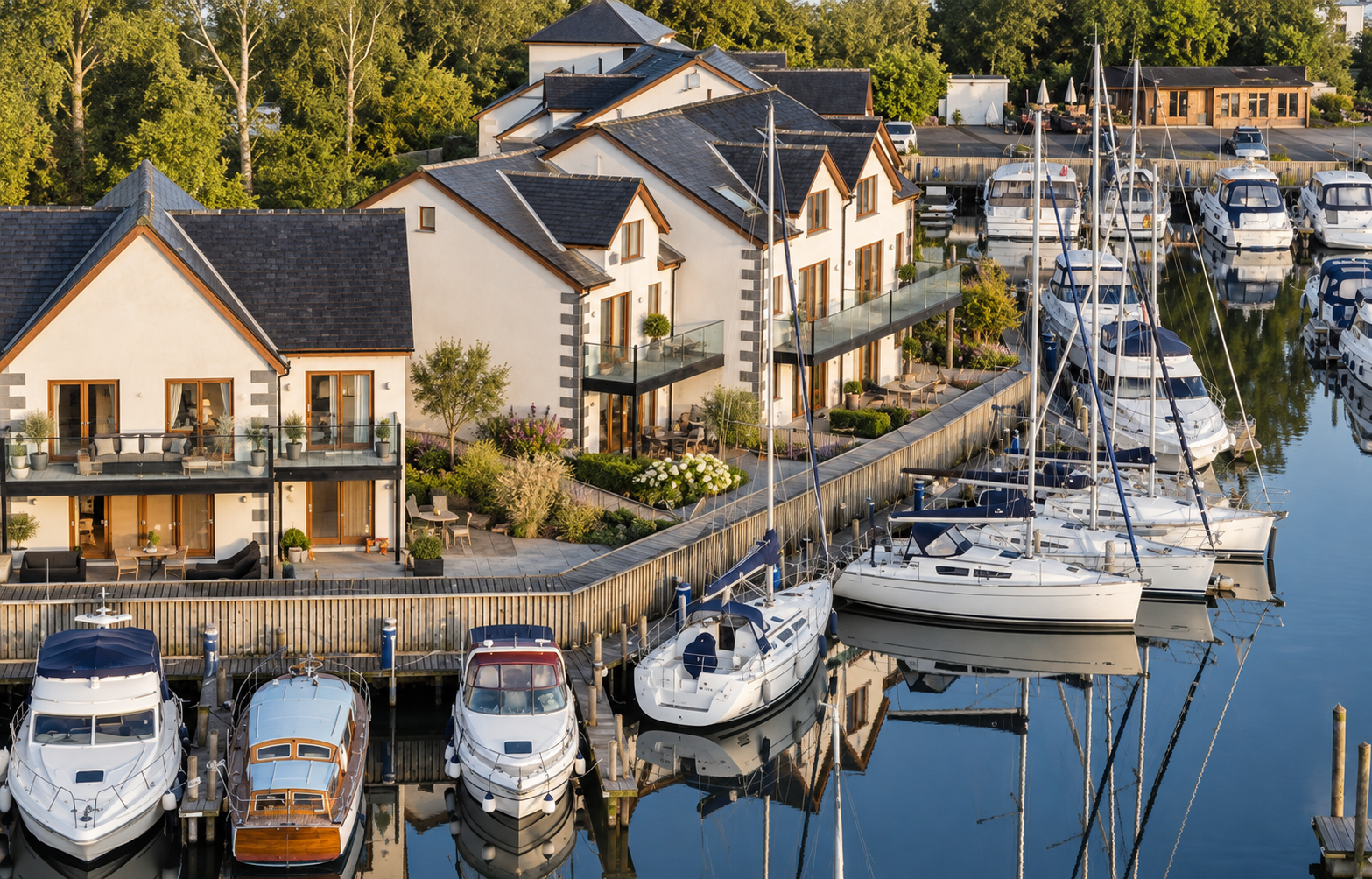 Windermere Marina Village, Lake District, Cumbria — two-phase waterfront residential development comprising luxury apartments and marina-side houses with private balconies, landscaped gardens and direct access to boat moorings. The design combines tr