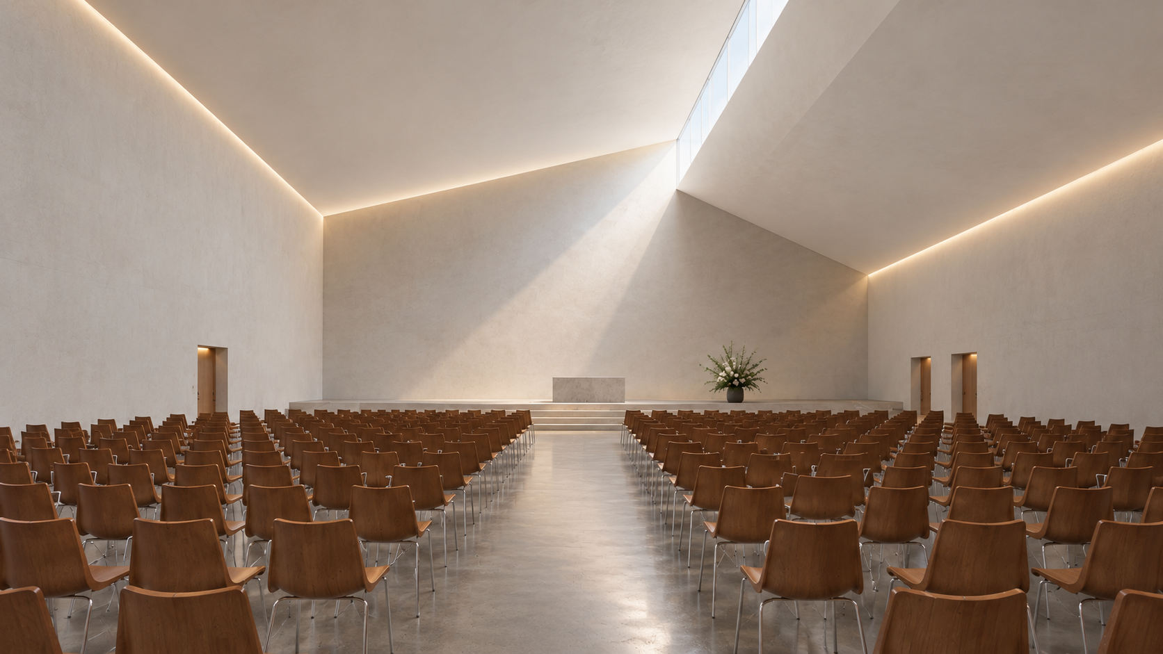 Light Church, Wesham, Lancashire — interior architectural concept for the 500-seat main worship auditorium, designed by Chartered Architect Joel Firth. A dramatic angular ceiling, concealed linear lighting and restrained material palette create a con