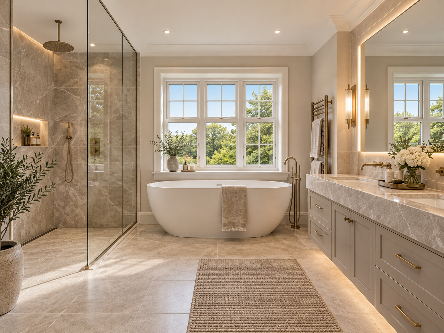 Principal Bathroom — Elegant en-suite bathroom with freestanding bath, walk-in shower and bespoke vanity cabinetry.