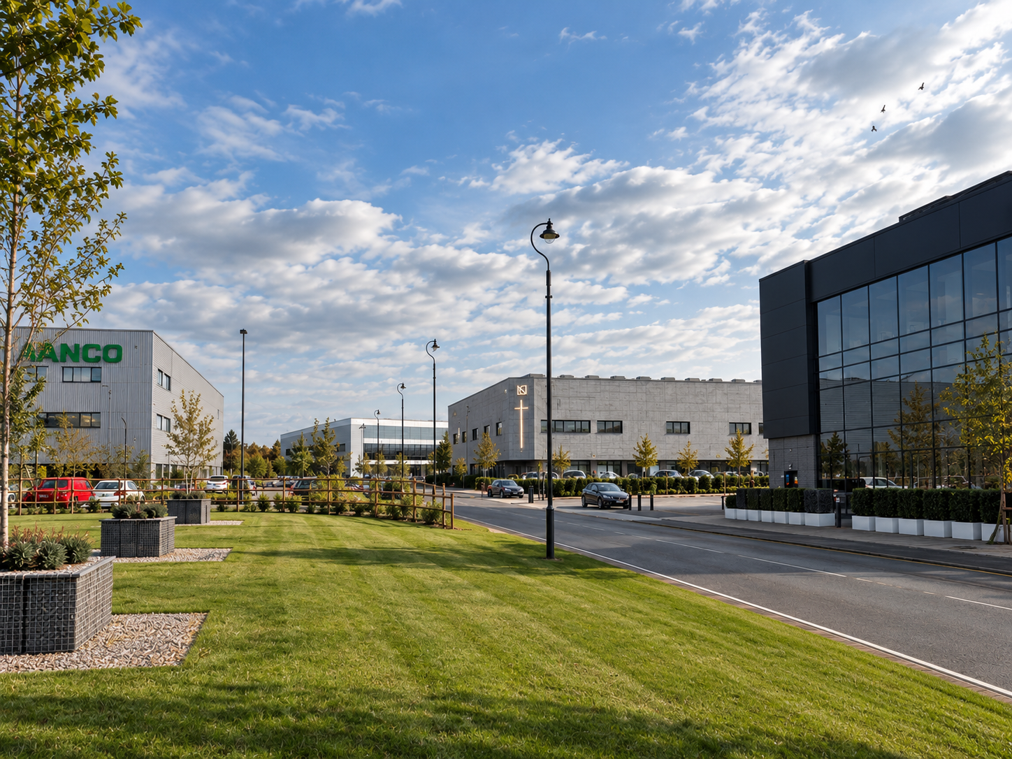 Site context for Light Church, Coronation Way, Wesham, Lancashire, showing the proposed church and community building within the wider AFC Fylde development. The contemporary architectural proposal sits alongside existing commercial and sporting faci