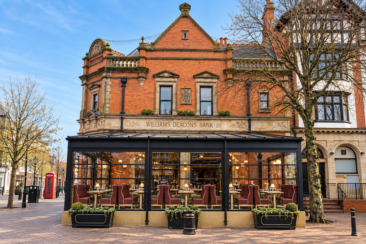 Architectural design for the new external canopy at The Deacon, Clifton Street, Lytham, forming part of the conversion of a historic bank into a contemporary restaurant and bar.