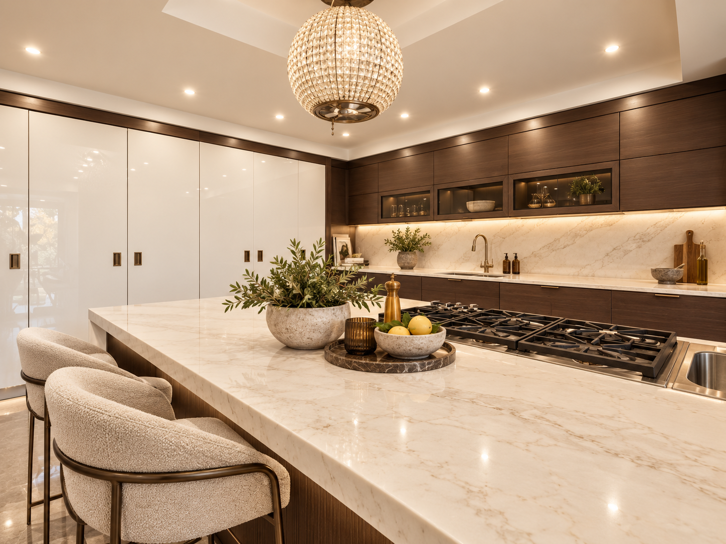 Kitchen Island — Bespoke luxury kitchen with marble island, contrasting cabinetry and statement pendant lighting.