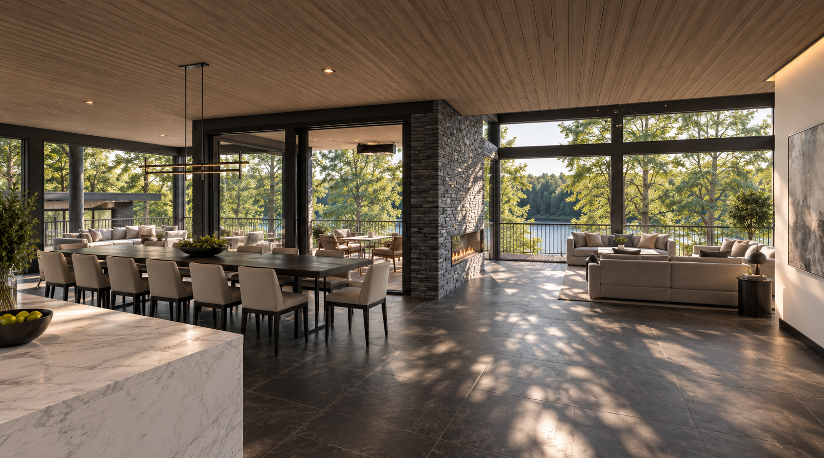 Lakeside Corporate Retreat, Windermere — Main Building Kitchen, Dining and Lounge with Covered Terrace — interior visualisation of the planning-approved retreat, featuring an expansive open-plan kitchen, communal dining and lounge area overlooking La