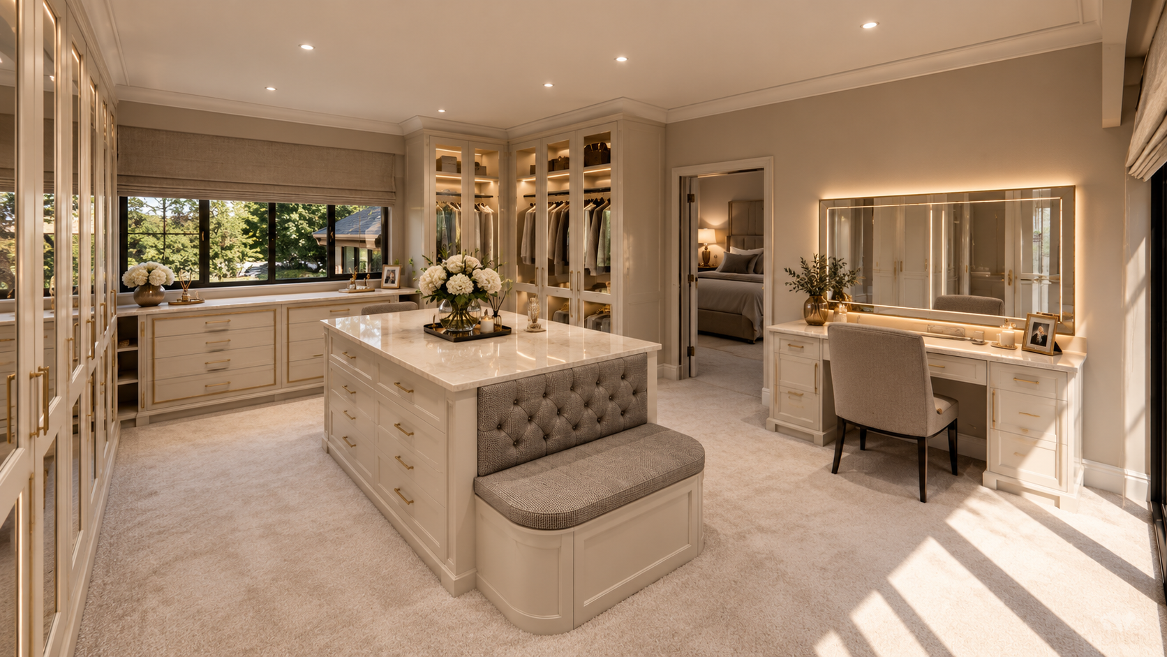 Luxury dressing room featuring bespoke fitted wardrobes, a central storage island with upholstered seating, illuminated cabinetry and an elegant dressing table.