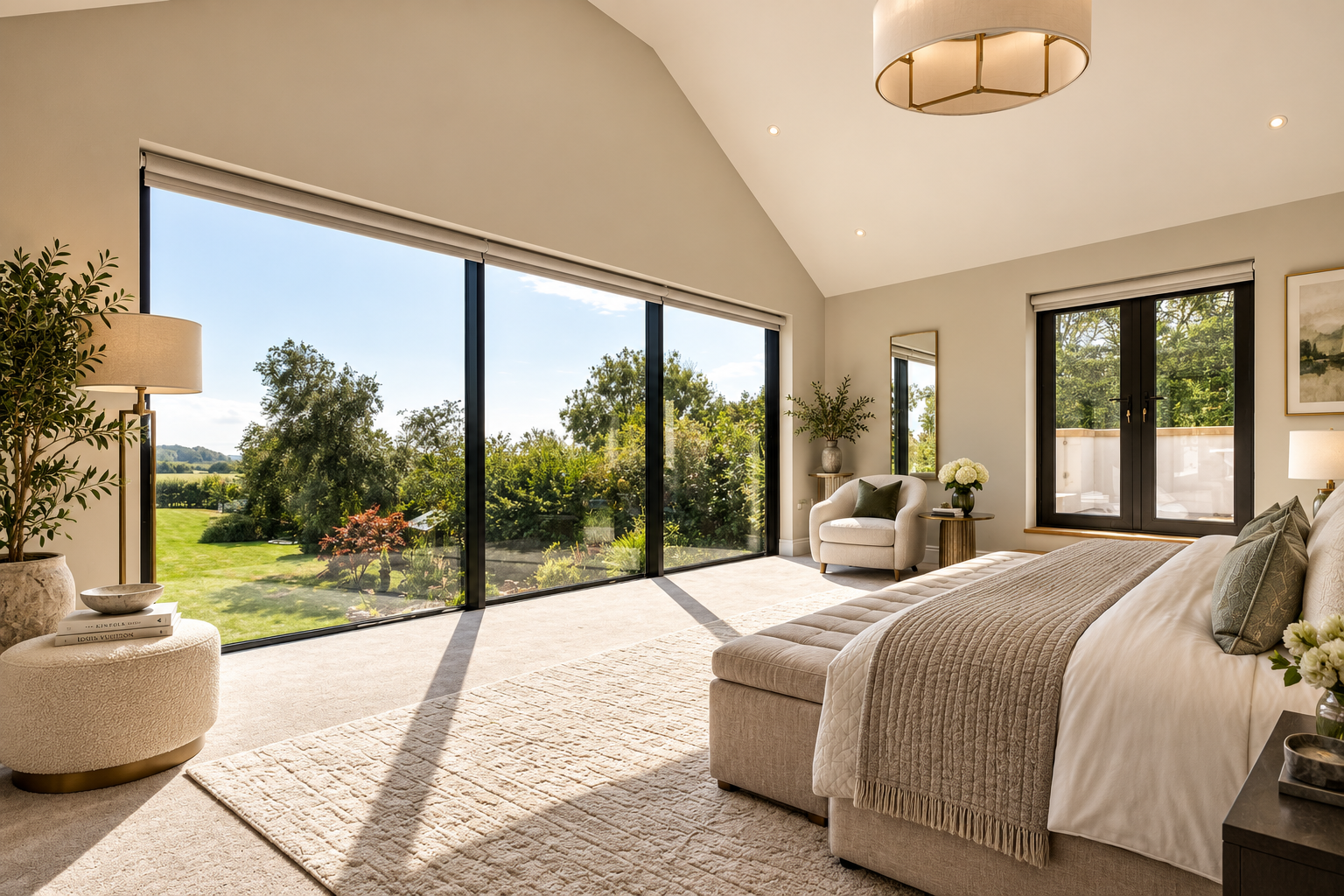 Principal Bedroom — Luxury bedroom suite featuring a vaulted ceiling, full-height glazing and uninterrupted garden views.
