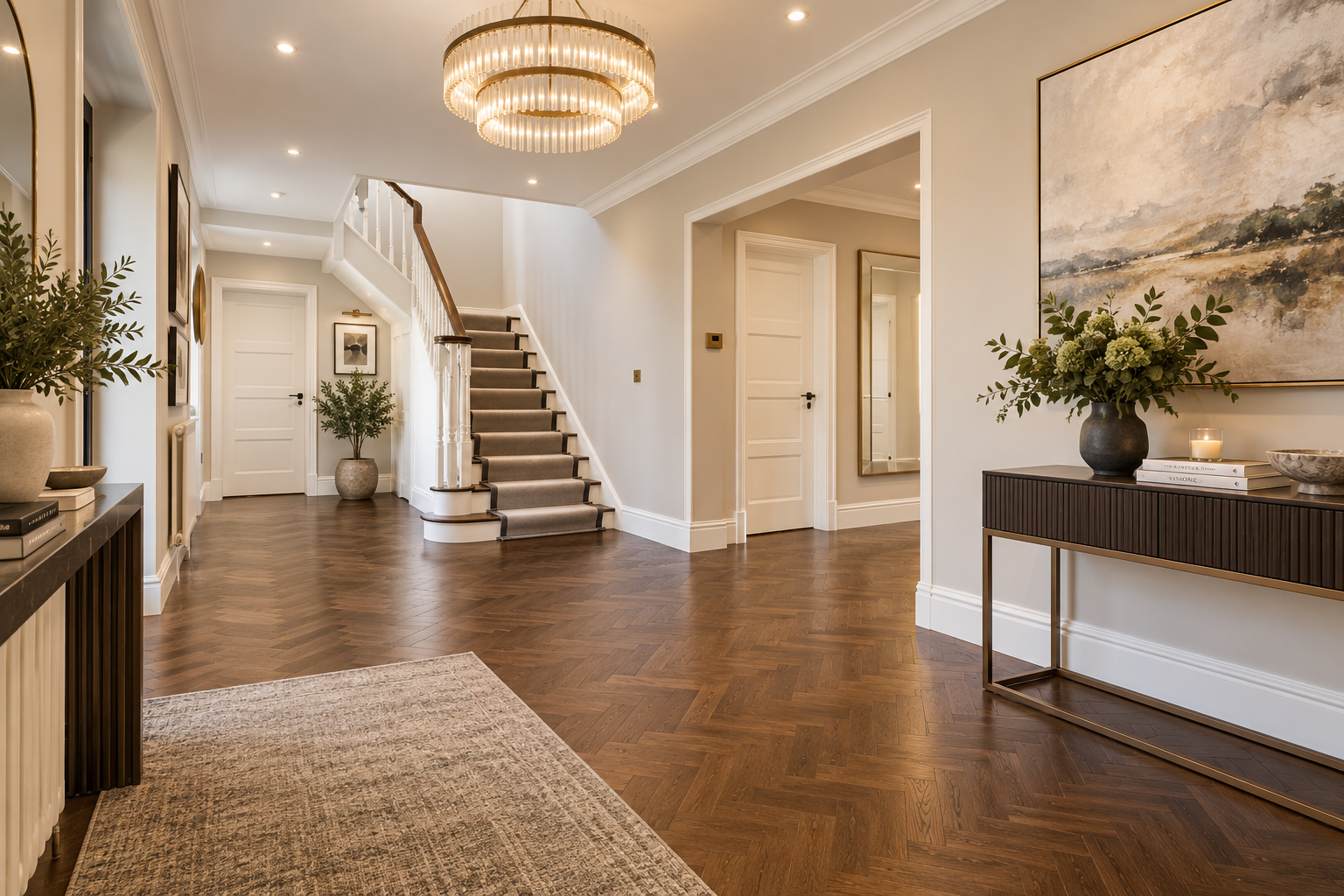 Entrance Hall — Elegant entrance hallway featuring a feature staircase, parquet flooring and refined contemporary interiors.