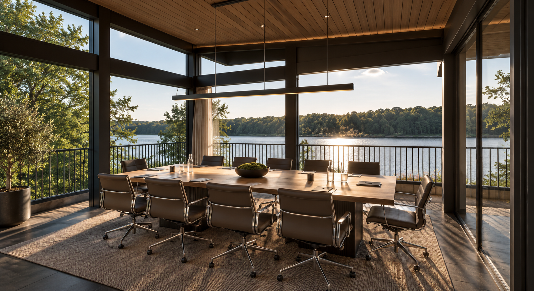 Lakeside Corporate Retreat, Windermere — Executive Boardroom Overlooking Lake Windermere — architectural and interior design visualisation of a contemporary lakeside meeting room within the planning-approved luxury corporate retreat. Panoramic floor-