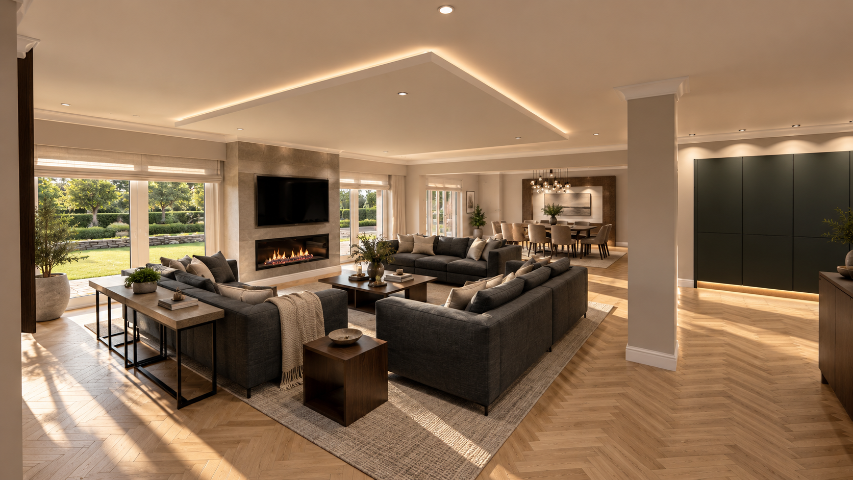 7 Church Drive, Lytham — luxury open-plan family lounge featuring bespoke seating, a contemporary fireplace, recessed LED lighting, herringbone oak flooring and garden-facing glazing.