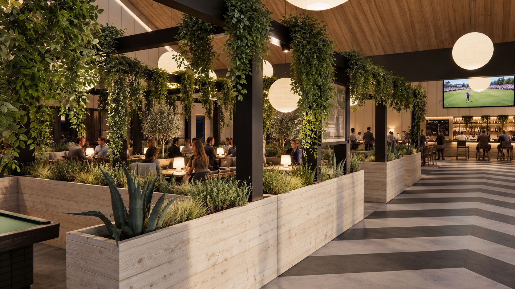 Contemporary family dining and games area with landscaped internal planters creating distinct zones for group seating, privacy and acoustic separation. A welcoming social space combining dining, entertainment and family recreation.