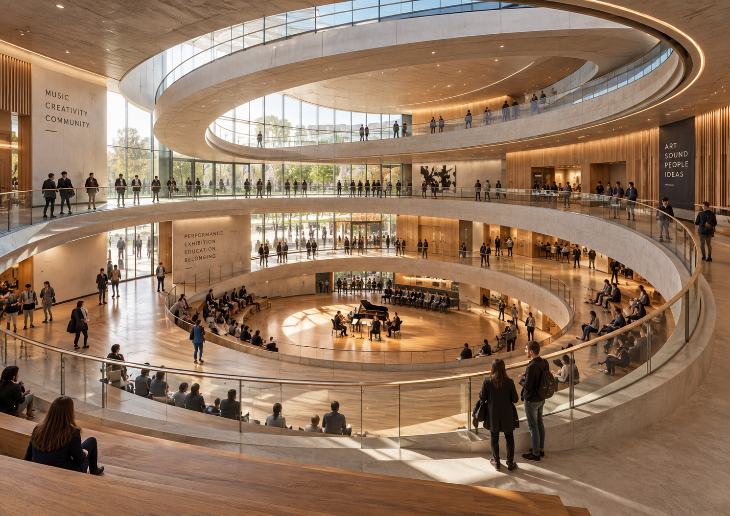 University Arts and Music Building — contemporary cultural and performing arts venue featuring a dramatic multi-level atrium, sweeping curved galleries, extensive glazing and flexible performance spaces. The design creates an inspiring environment fo