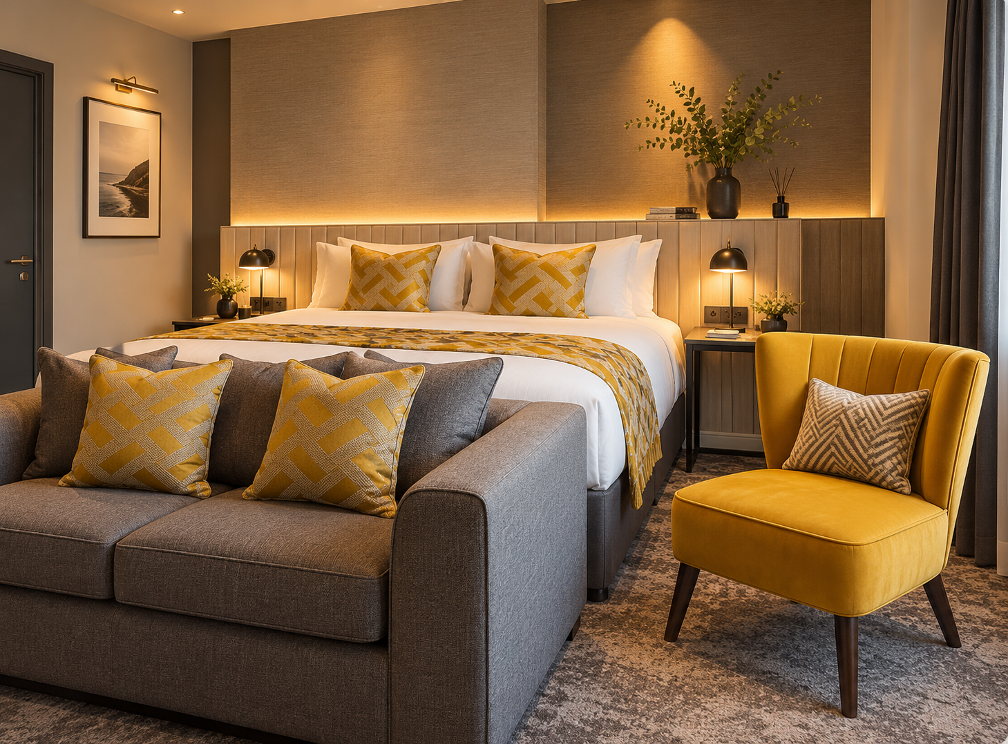 Mode Hotel, Clifton Square, Lytham — Contemporary boutique hotel bedroom featuring bespoke furnishings, warm architectural lighting, elegant finishes and a comfortable seating area.