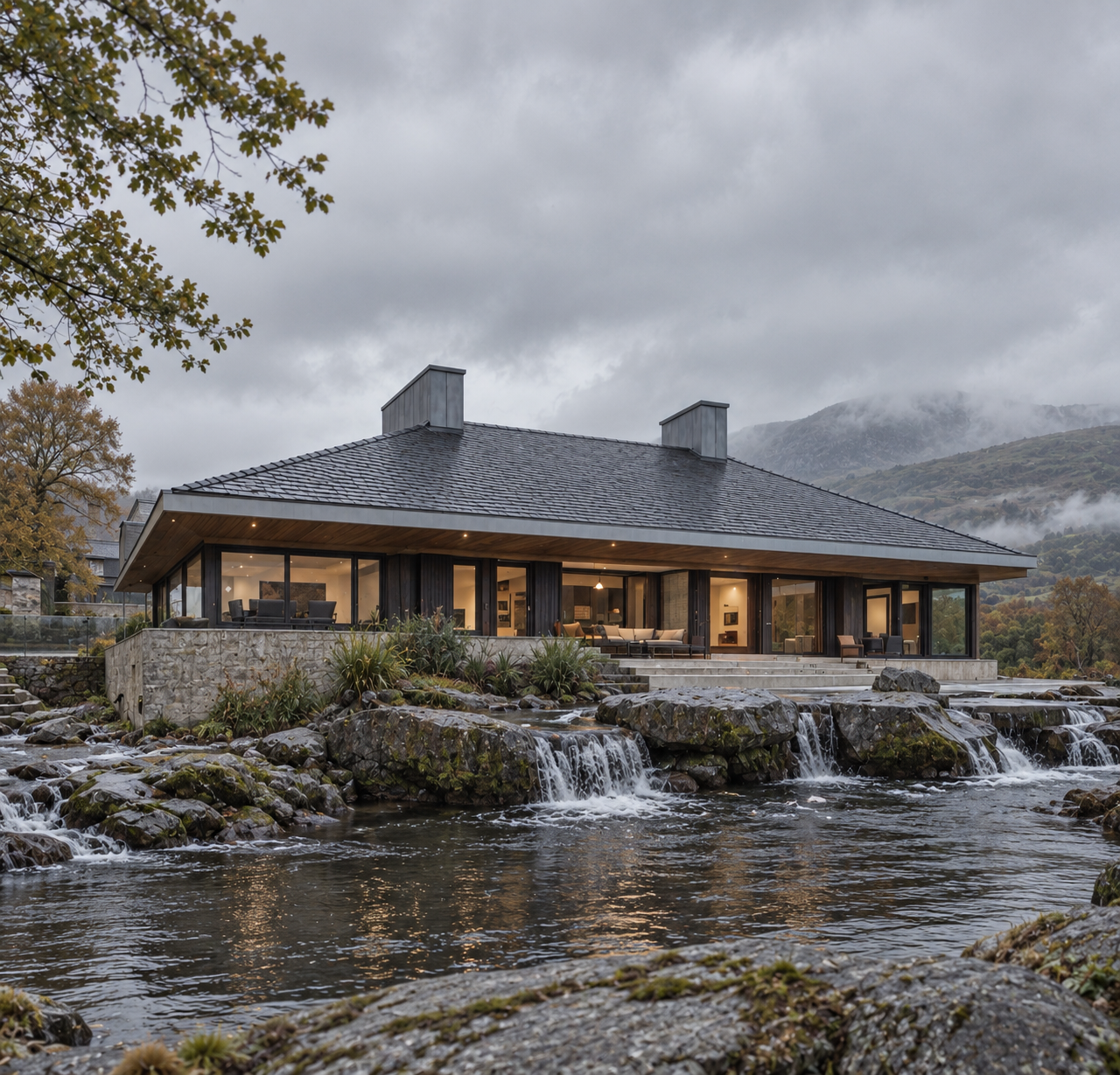 Contemporary new-build country house at Newby Bridge in the Lake District, designed by Chartered Architect Joel Firth. The low-profile design combines natural stone, a slate roof and extensive glazing with views form the family spaces onto the river.