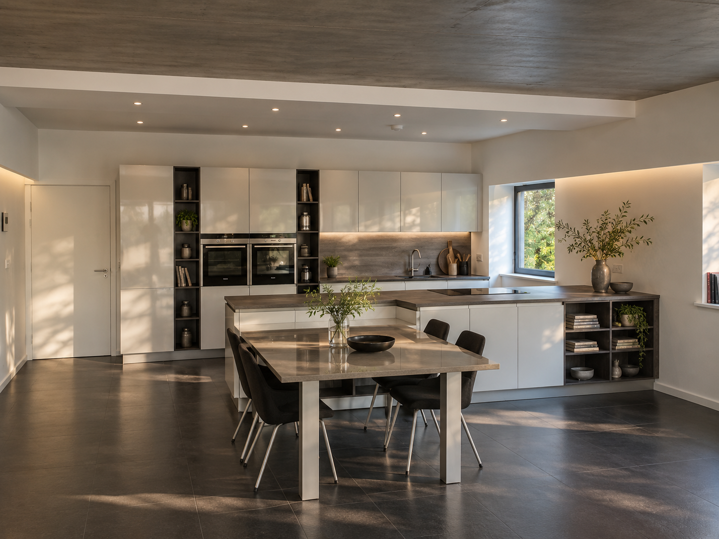 The Old Sawmill, Blackpool Road, Lytham — bespoke kitchen and dining interior designed by Chartered Architect and Designer Joel Firth. The contemporary open-plan space combines custom cabinetry, integrated appliances, natural timber detailing and arc
