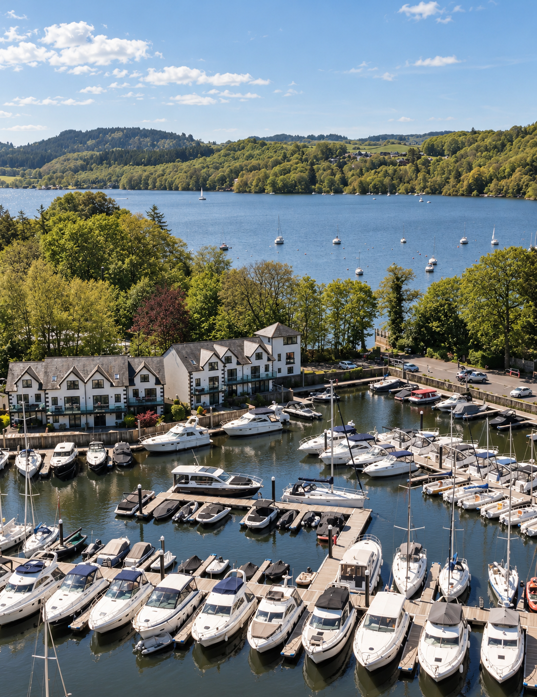 Windermere Marina Village, Lake District, Cumbria — elevated view of the traditional waterfront houses and apartments designed by Joel Firth between 2003 and 2005, overlooking the marina and Lake Windermere, with the surrounding Lakeland fells provid