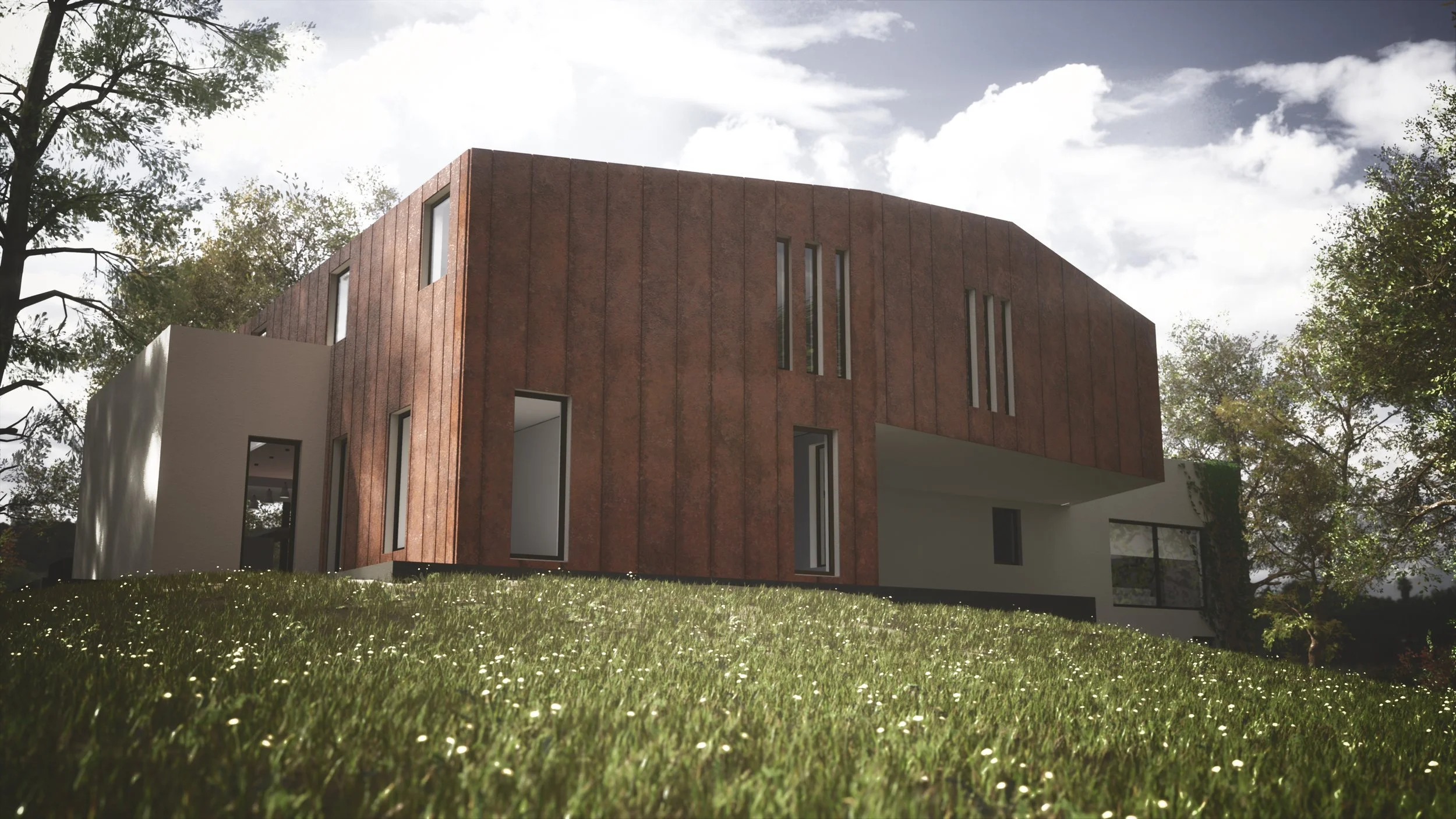 8 Church Drive, Lytham – Rear Garden Elevation

Architectural visualisation of the proposed contemporary residence viewed from the rear garden, featuring a curved upper façade, contrasting external finishes and extensive glazing overlooking the lands