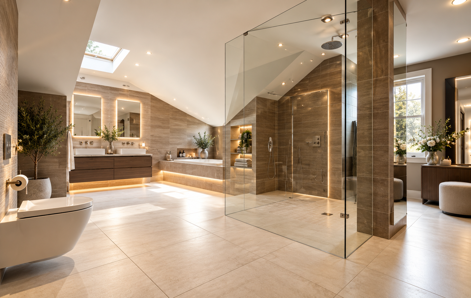Luxurious principal bedroom en-suite at 10 West Beach, Lytham, featuring a freestanding double bath, bespoke fitted cabinetry, natural stone finishes and rooflights beneath a vaulted ceiling.