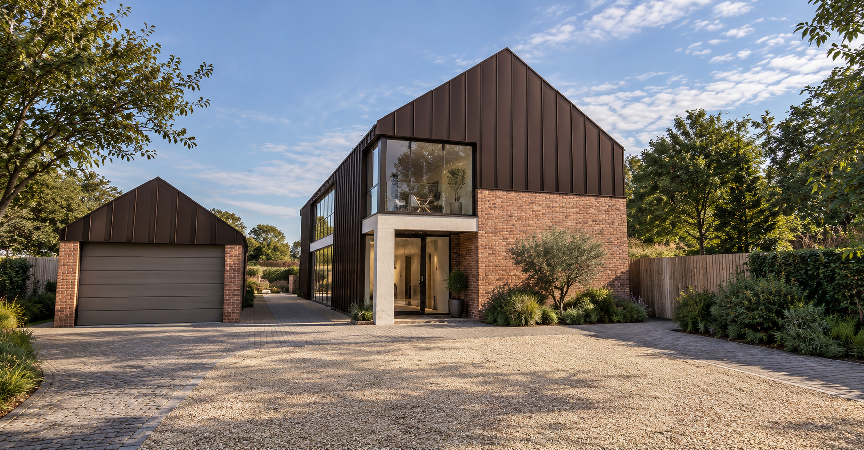 Fir Tree Barn, Ballam Road, Lytham — Front Elevation and Driveway — architectural visualisation of the planning-approved contemporary replacement dwelling, featuring distinctive barn-inspired architecture, dark vertical cladding, natural brickwork an