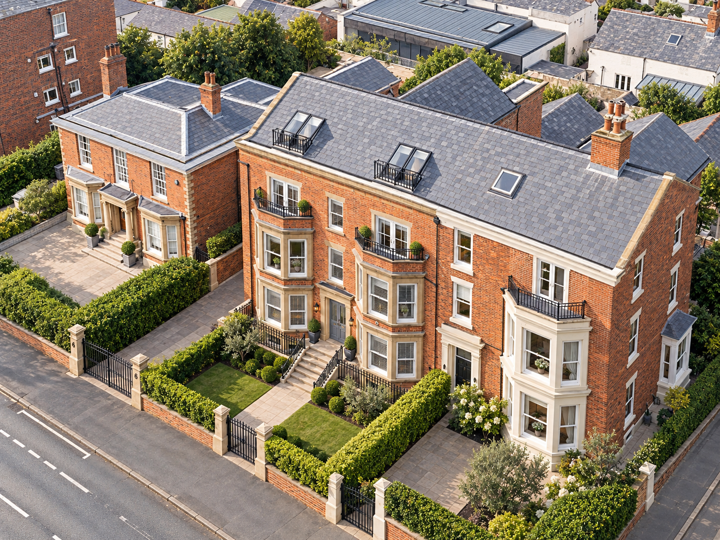 6 West Beach, Lytham, Lancashire — elevated architectural view of the proposed luxury apartment development, featuring traditional red-brick façades, elegant bay windows, private balconies, landscaped front gardens and a prominent position overlookin