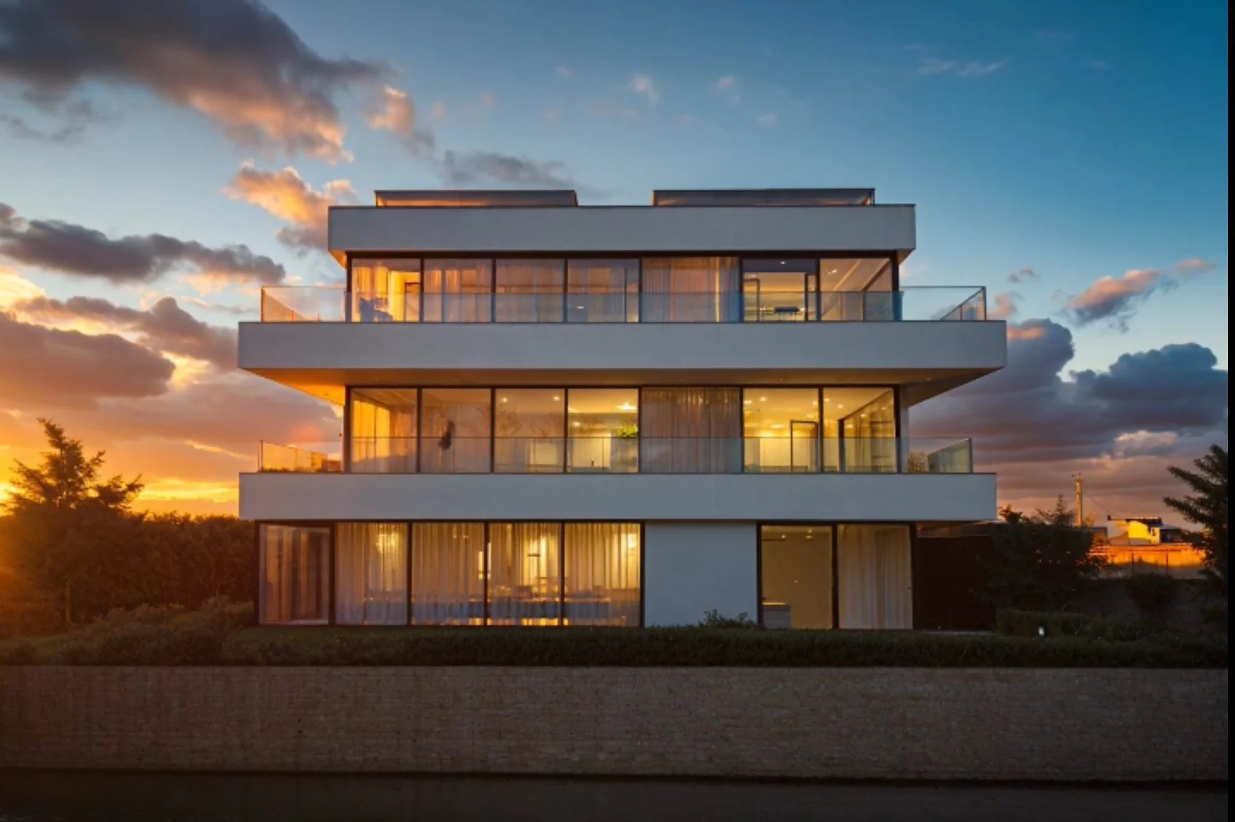 Modern three-story residential building with large glass windows and balconies, illuminated at sunset.