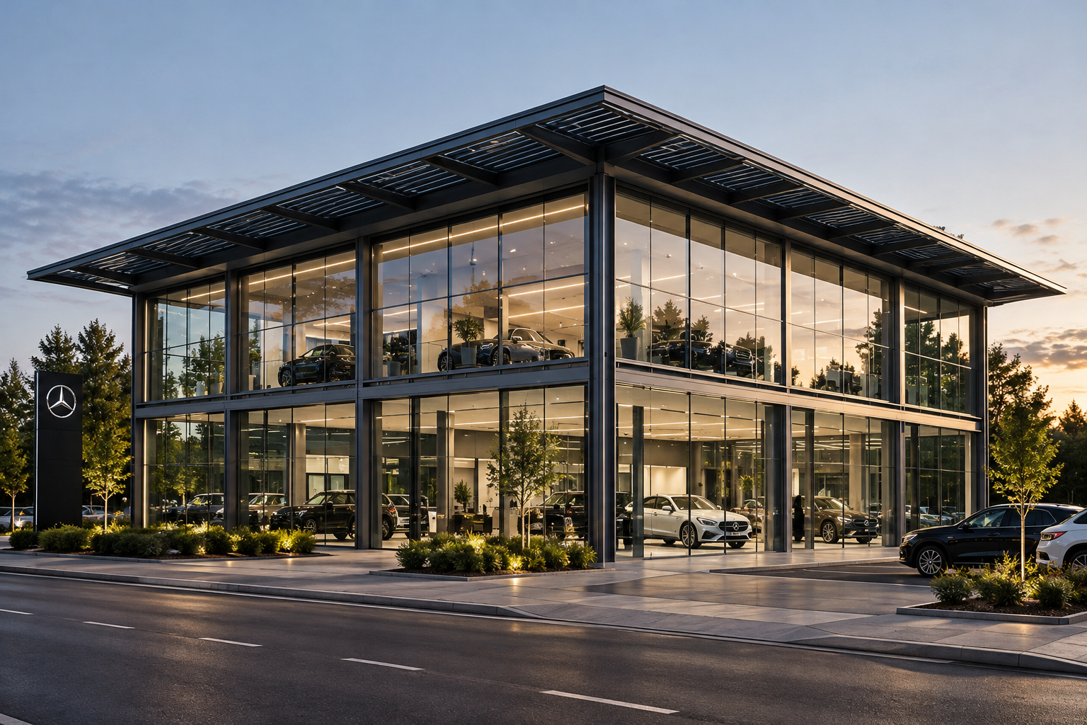 Car Showroom, Blackpool, Lancashire — contemporary automotive dealership design featuring a striking two-storey glazed façade, exposed steel structure and expansive cantilevered roof. The scheme creates a prestigious commercial showroom with generous