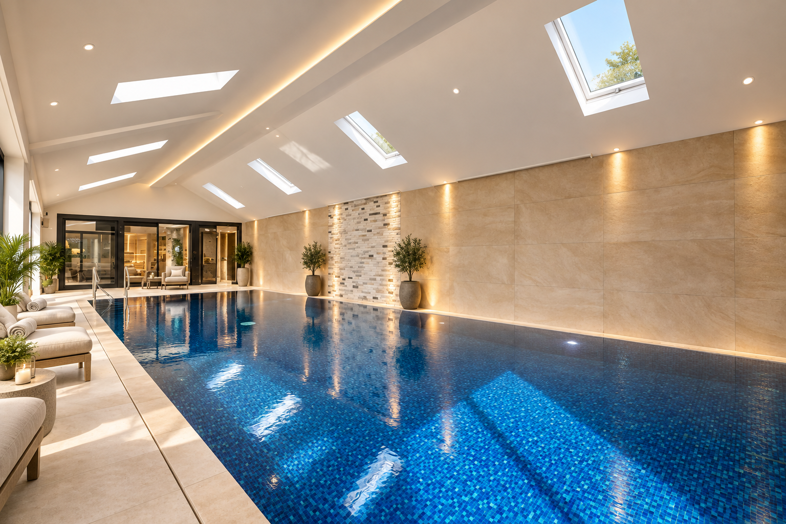 Pool Interior — Bespoke indoor swimming pool featuring blue mosaic tiling, architectural lighting and a contemporary spa-inspired interior.