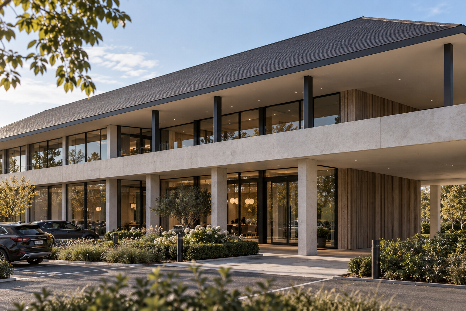 Entrance concept for the Lancashire spa hotel and leisure centre designed by Chartered Architect Joel Firth. A dramatic oversailing roof, extensive glazing, natural materials and landscaped arrival areas establish a high-quality contemporary hospital