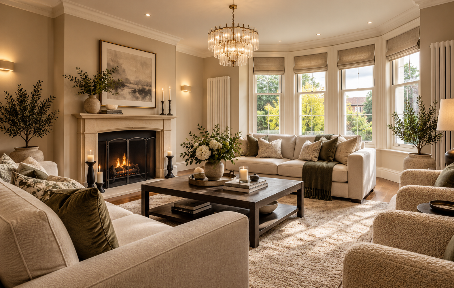 Elegant lounge at 10 West Beach, Lytham, featuring a traditional fireplace, bespoke interior finishes, generous seating and a bay window overlooking the front area and the green. 