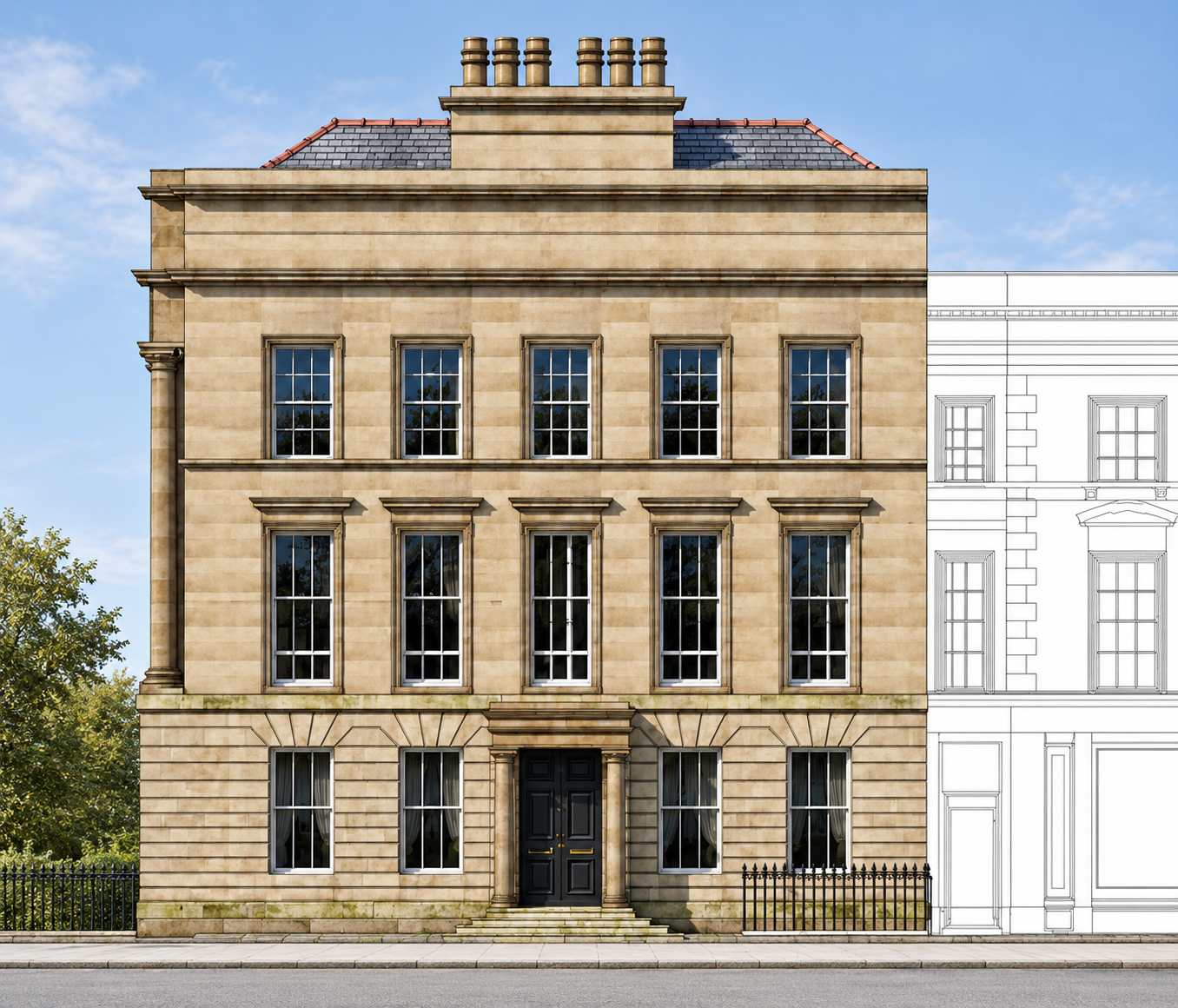 1 Hamilton Square, Birkenhead — sensitive conversion and refurbishment of a Grade I listed Georgian building, preserving its historic sandstone façade and classical architectural detailing while adapting the building for contemporary use.