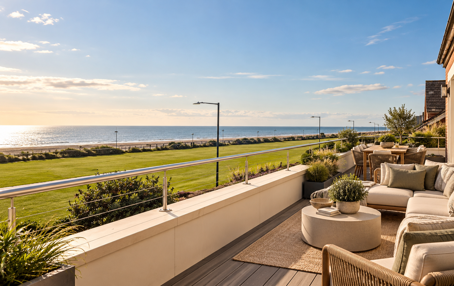 Private second-floor balcony at 10 West Beach, Lytham, featuring an outdoor seating area with panoramic views across Lytham Green and the Ribble Estuary.