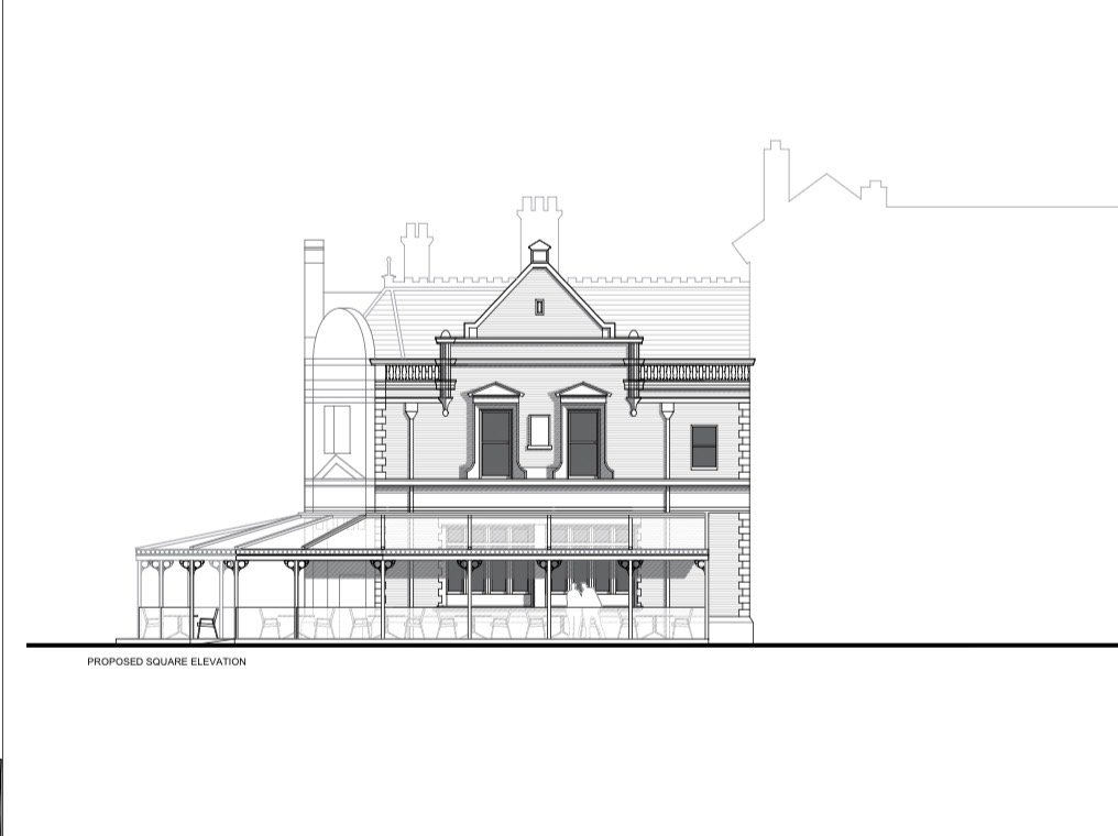 The Deacon, 84 Clifton Street, Lytham, Lancashire — Proposed Side Elevation — Architectural planning drawing showing the conversion of the historic bank into a restaurant and bar, with a new glazed canopy providing covered outdoor dining and seating.