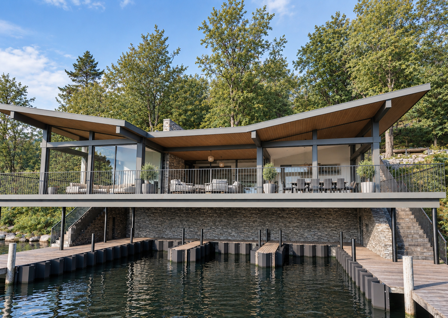 Contemporary boathouse on the shores of Lake Windermere in the Lake District, designed by Chartered Architect Joel Firth.